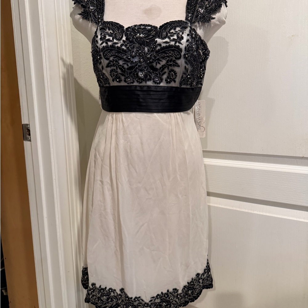 Sue Wong Black and White Embroidered Mini Dress,inspired by “Alice”